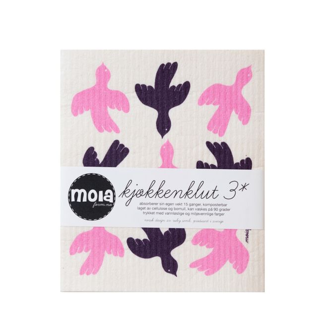 Hovedbilde 3 pk Klut FUGL lilla/rosa